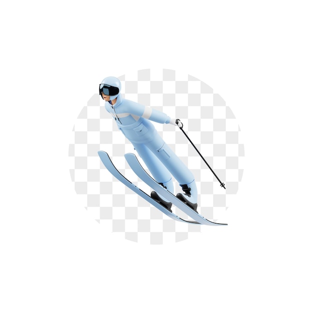 3D-Charakter stilisierter Skifahrer in Luftsprungpose