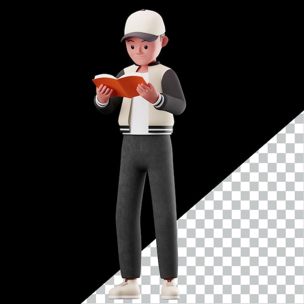 3D-Charakter Zeichentrickfigur mit weißem Hut, die ein Buch liest