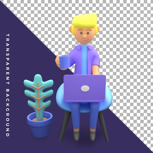 PSD 3d-charakterillustration mann sitzt mit laptop mit kaffee isolierte objekt bunte assets