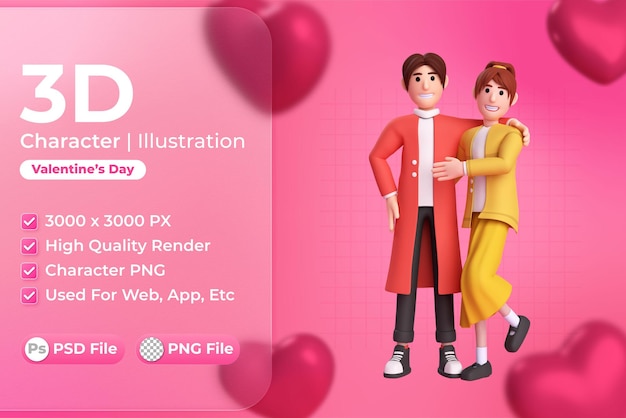 PSD 3d-charakterillustration von paaren am valentinstag