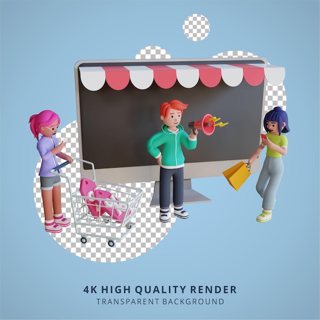 3d-charaktermodellierung digitales marketing online-shopping-illustration