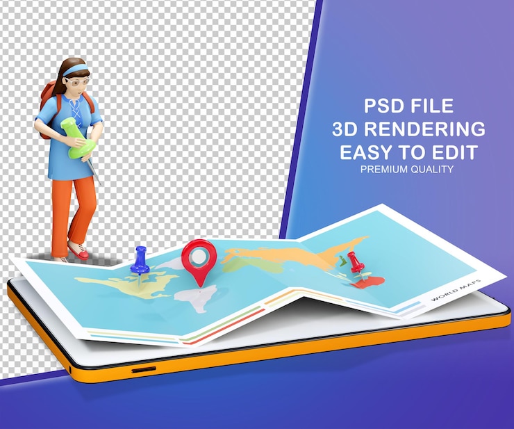 PSD 3d charater illustration show woman finding location from pin location information by mobile phone