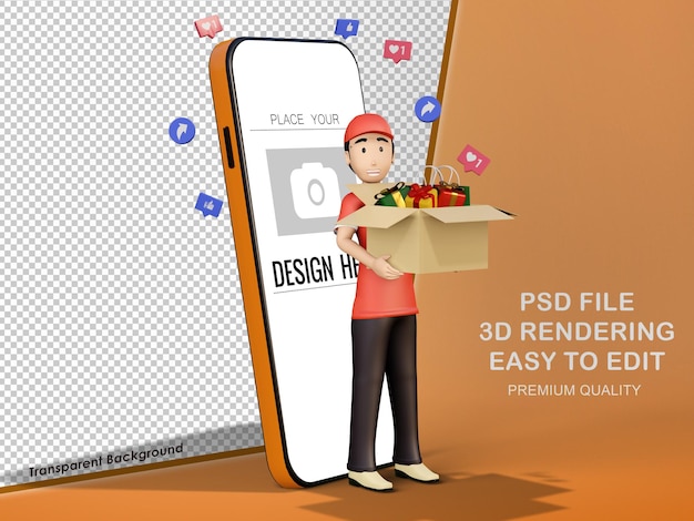 PSD 3d-charater-illustration zeigt den mann, der das lieferpaket arbeitet und vom handy-mokeup zeigt