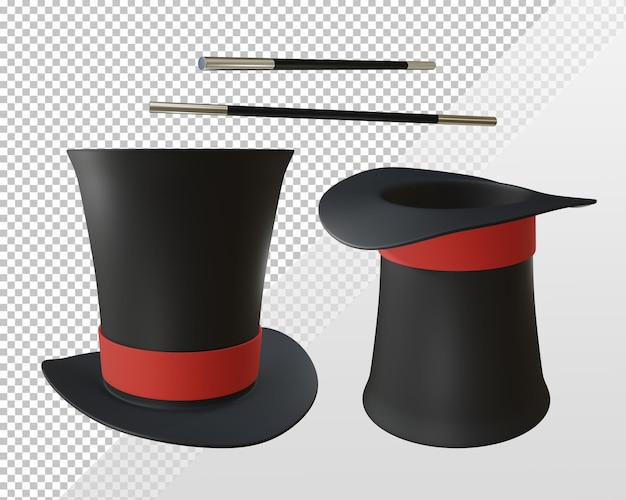 3d che rende il cappello del mago zatanna e la vista prospettica della bacchetta magica