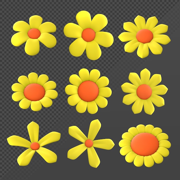 3D che rende piccoli fiori gialli con un diverso numero di petali