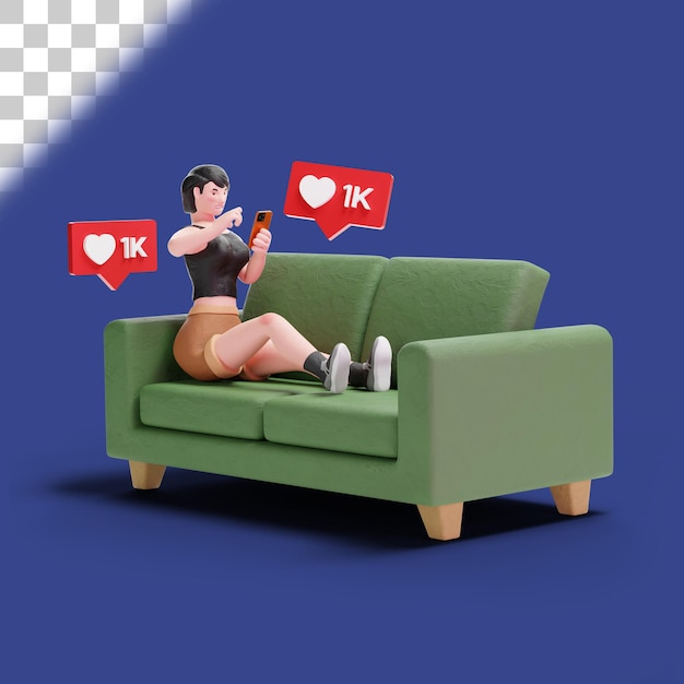 3d chica de pelo corto obteniendo me gusta de las redes sociales mientras está sentada en el sofá