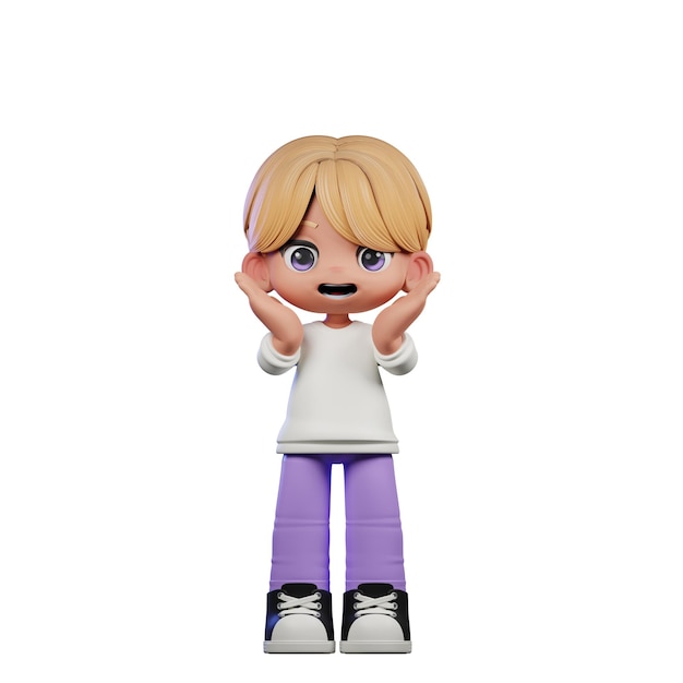 3d Chico con cabello rubio y pantalones púrpuras sorpresa reaccionando felizmente posa