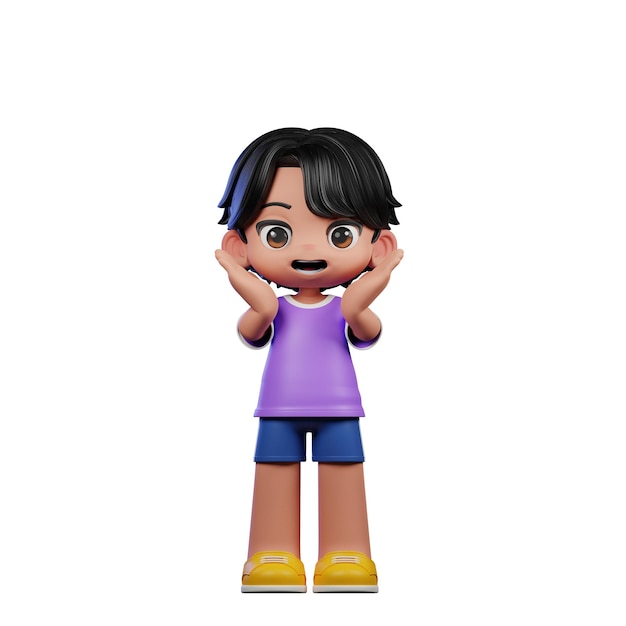 3d Chico con camisa púrpura y pantalones cortos azules con zapatos amarillos sorpresa reaccionando felizmente posa