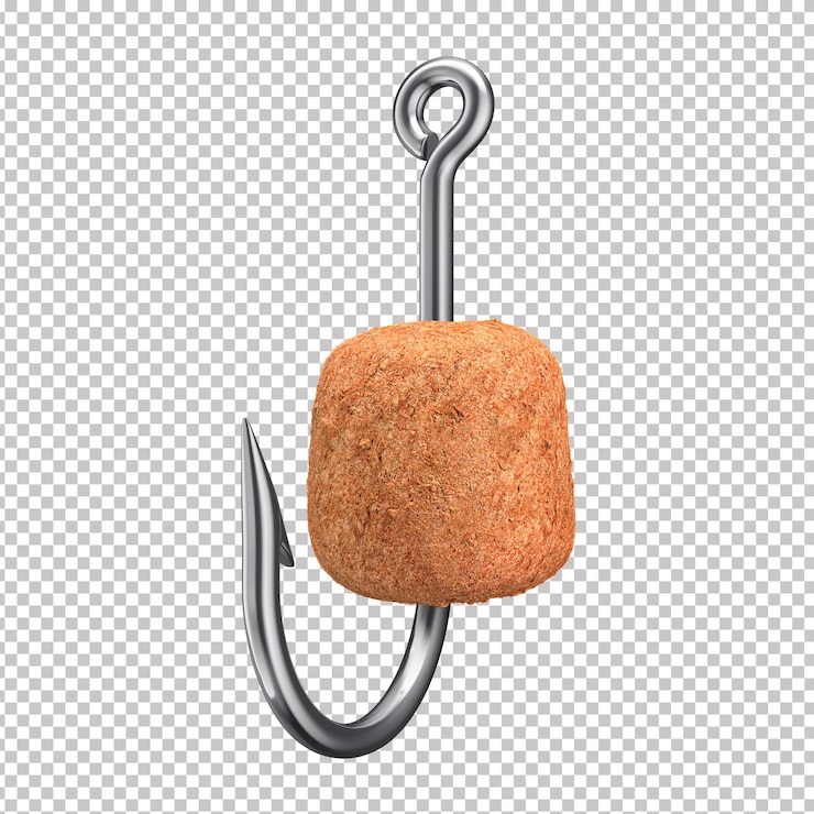 PSD 3d chrome fishing hook with fish feed pellet and transparent background