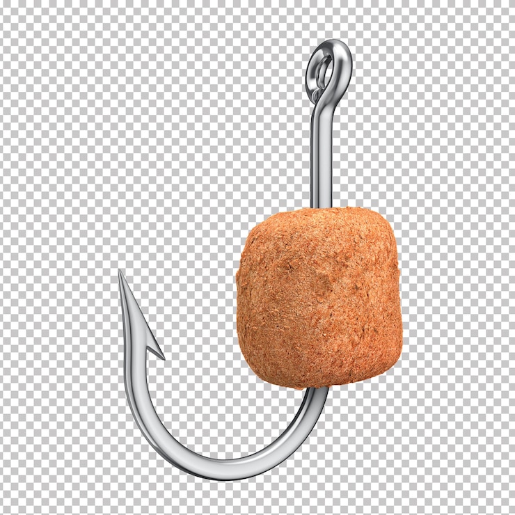 PSD 3d chrome fishing hook with fish feed pellet and transparent background