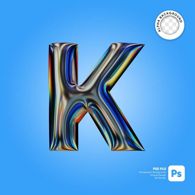 PSD 3d chrome letter k efeito de texto letra maiúscula