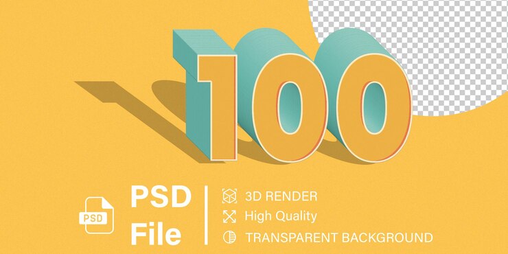 PSD 3d cien número 100 color amarillo aislado sobre un fondo transparente
