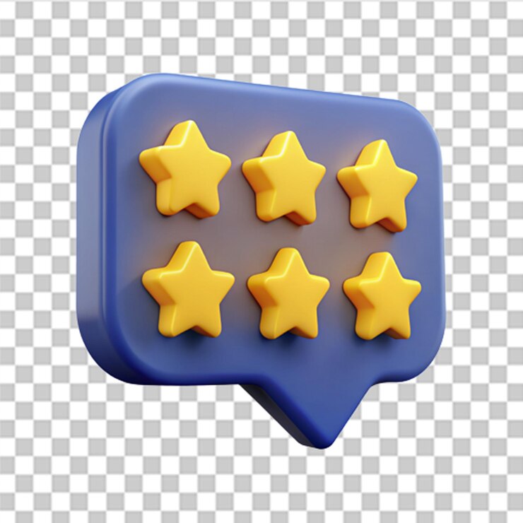 PSD 3d cinco estrellas amarillas en speech bubble encuesta de retroalimentación en línea o concepto de revisión vector de moda y moderno en estilo 3d