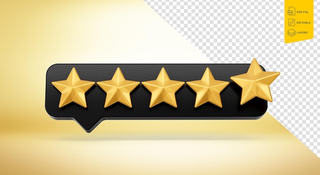 3d cinco símbolos de estrellas de calificación doradas brillantes con icono de chat negro sobre fondo dorado ilustración 3d