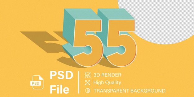 3d Cincuenta y cinco Número 55 Color amarillo aislado sobre un fondo transparente