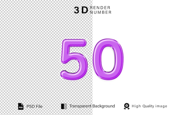 3d Cincuenta Número 50 color burbuja púrpura aislado sobre un fondo transparente
