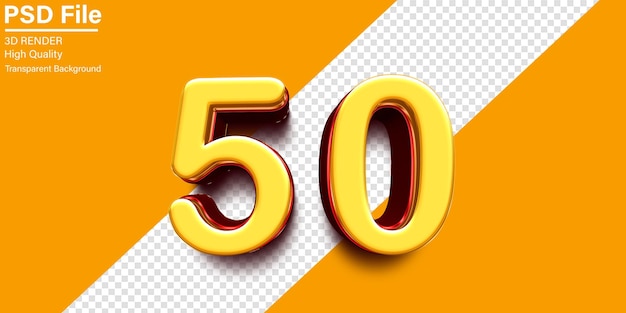 3d Cinquanta Numero 50 Giallo e rosso metallico isolato su sfondo trasparente