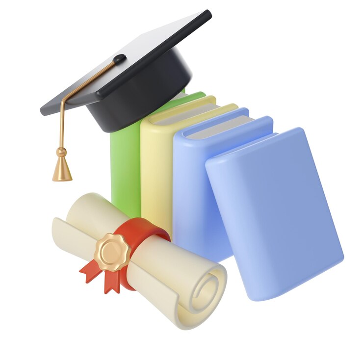 PSD 3d closed books diploma scroll and university or college black cap graduate