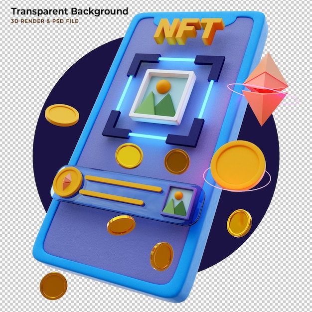 PSD 3d compre o token de criptografia nft com o aplicativo para celular. token não fungível e smartphone com aplicativo para compra de artes criptográficas. token nft na tecnologia blockchain. aplicação de arte criptográfica de ilustração 3d.