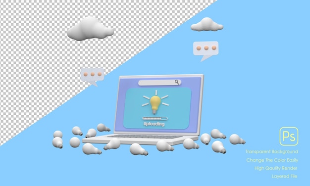 3D Una computadora portátil cargando creatividad diferente a las demás con una bombilla como símboloxA