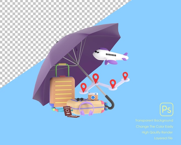 3D conceito de negócio de seguro de viagem capa de guarda-chuva roxo avião e malas