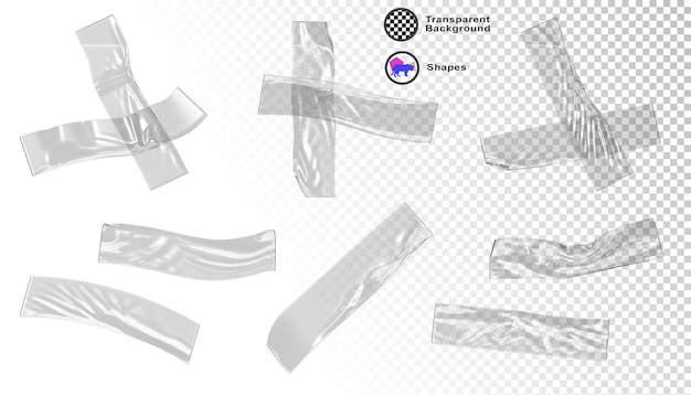 3d conjunto de adesivo plástico transparente cortar fita patch mockup isolado render clara faixa pegajosa com rugas pedaço de fita adesiva cruz escocesa fita pegajoso amassado sellotape