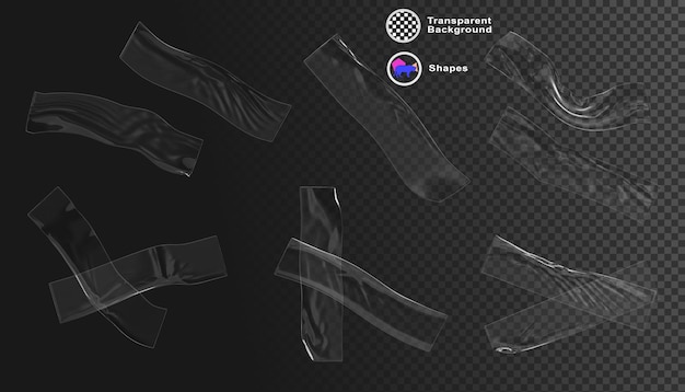 3d conjunto de fita adesiva de plástico transparente isolado em fundo preto render Clear amassado faixa pegajosa pedaço de colado scotch banda cross patch ou rugas mockup de filme de celofane