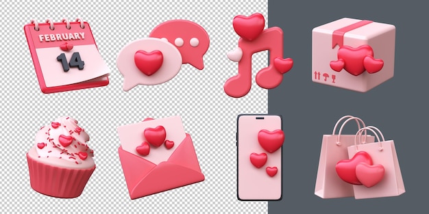 3d conjunto de ícones de amor romântico para o Dia dos Namorados ou casamento