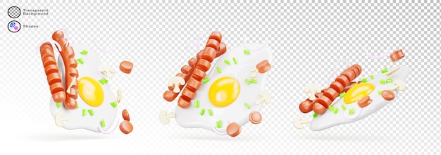 3d conjunto de huevo frito con salchichas setas y cebollas verdes render aislados iconos de desayuno comida tortilla con verduras frescas y carne cocina casera comida diseño de menú de restaurante