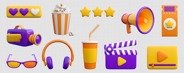 PSD 3d conjunto de iconos de video y audio de cine de cine