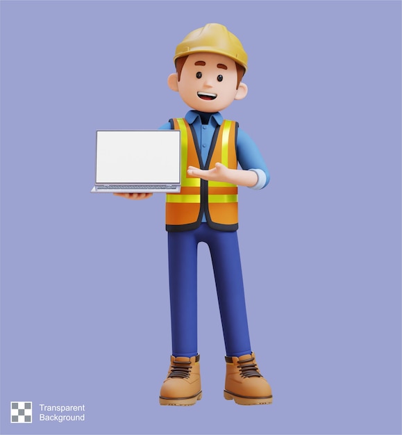 3d construction worker character presenting on empty computer screen