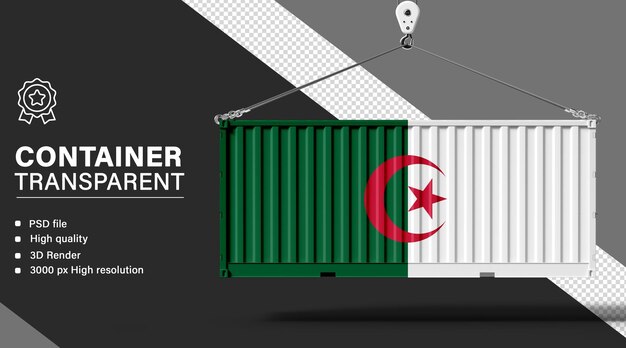 3D-Container mit algerischer Flagge auf durchsichtigem Hintergrund