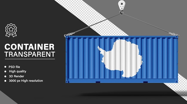 3D-Container mit Antarktis-Flagge auf durchsichtigem Hintergrund