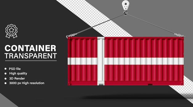 3D-Container mit dänischer Flagge auf durchsichtigem Hintergrund