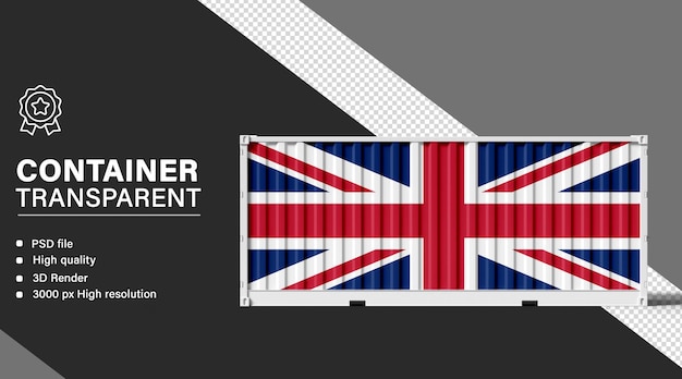 3D-Container mit der Flagge des Vereinigten Königreichs auf durchsichtigem Hintergrund