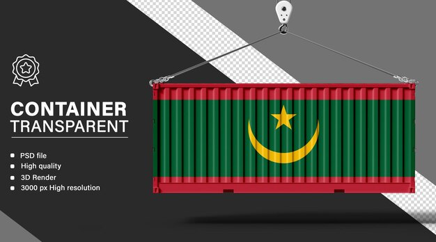 3D-Container mit mauretanischer Flagge auf durchsichtigem Hintergrund