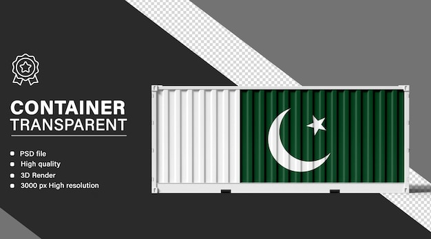 3D-Container mit pakistanischer Flagge auf durchsichtigem Hintergrund
