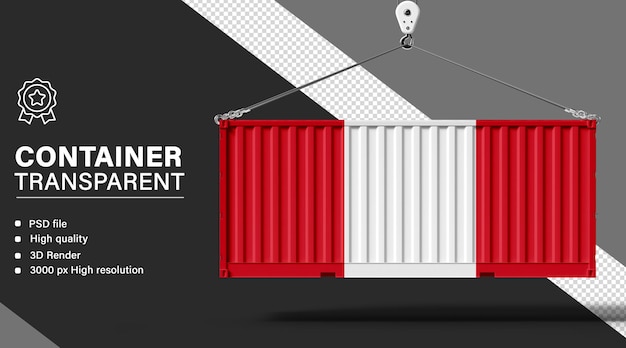 3D-Container mit peruanischer Flagge auf durchsichtigem Hintergrund