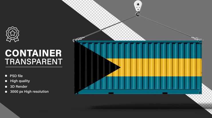 PSD 3d container with bahamas flag isolated on transparent background