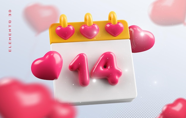 PSD 3d coração ou 3d amor com calendário de 14 de fevereiro