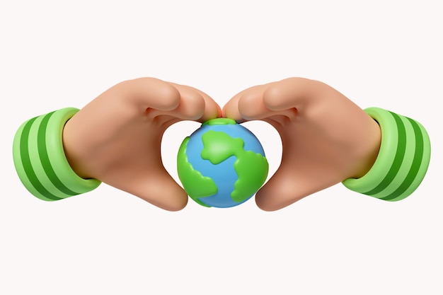 3d corazón mano y tierra Salvar la tierra Salvar el icono del concepto de medio ambiente aislado sobre fondo blanco Ilustración de representación 3d Trazado de recorte