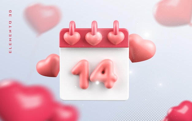 PSD 3d corazón o 3d amor con el calendario del 14 de febrero