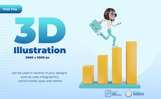 PSD 3d corriendo con maleta sobre el gráfico