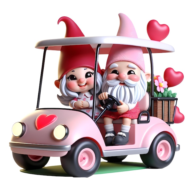 PSD 3d couple de gnomes mignons chariot de golf valentin illustration de clipart