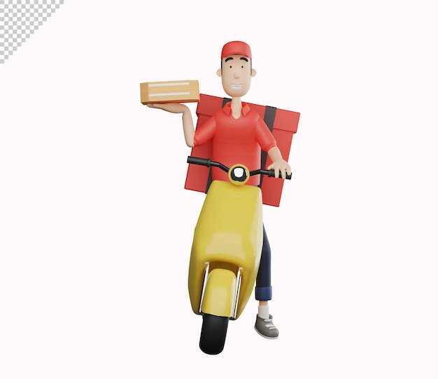 3d courier character enviando pedido de pizza usando scooter sobre fondo blanco 3d rendering ilustración