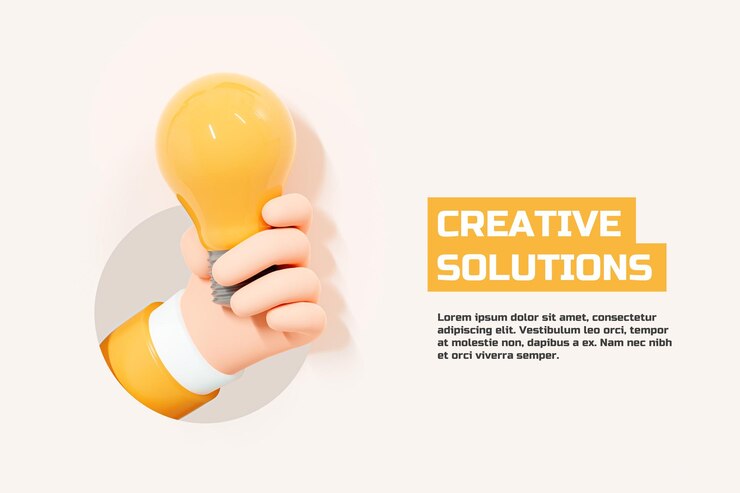 PSD 3d creative solutions banner illustration hand holding light bulb innovation and idea concept business success inspire or motivate web landing page template cartoon creative design 3d rendering