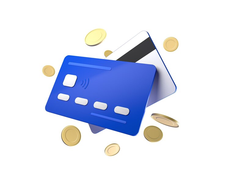 3d credit cards and coins card payment credit card accept online payment concept Isolated background