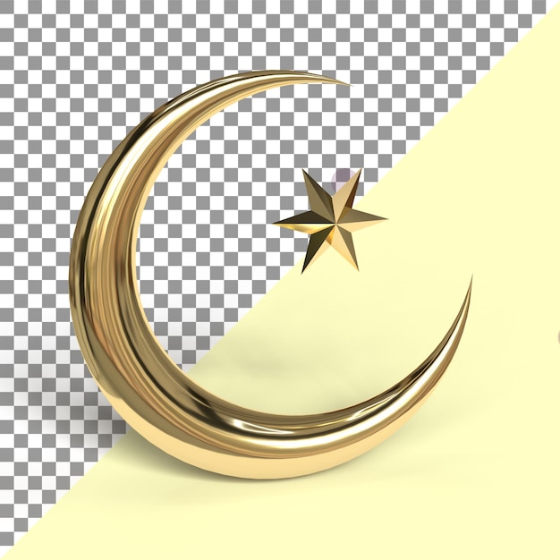 3d Crescent Rendering, Ilustración 3d de oro de alta calidad para el concepto de diseño islámico.