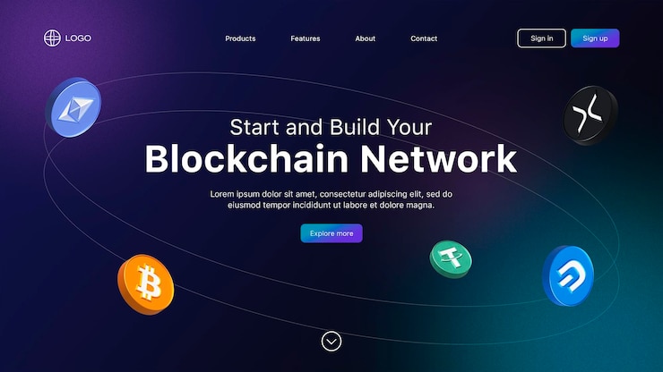 PSD 3d criptomoneda bitocin eth usdt sitio web uiux diseño página de carga gradiente estilo neón bg editable