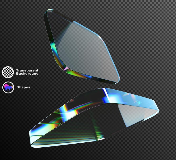 PSD 3d cristal luz arco iris holográfico vidrio placas cuadradas formas en fondo negro figuras cúbicas geométricas abstractas transparentes prisma iridescente gradiente textura bandera de tecnología digital